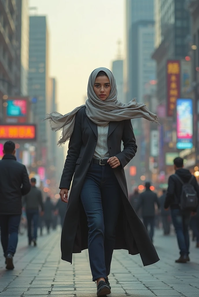 21 year old Indonesian woman in formal office wear, white button-up shirt, long black skirt, black high heels, ID badge, black hijab, upright posture, hands behind back