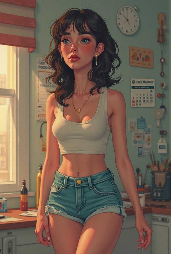 (), big boobs,(masterpiece), best quality, extremely detailed, (watercolor), bloom, delicate and beautiful, illustration, (from below),(1girl:1.4), corneo_covering_breasts_one_arm, (solo:1.2), (large breasts:1.2), (open ribbed sweater:1.3), off-shoulder sweater, (short shorts:1.2), bare shoulders, (underboob:1.2), ((dark skin:0.8)), beautiful eyes, (disheveled hair ), photography, over-the-shoulder shot, by Alex Maleev, professional, canon camera, nikon camera, sharp, bokeh, studio quality, fisheye lens, by Robert Capa ,