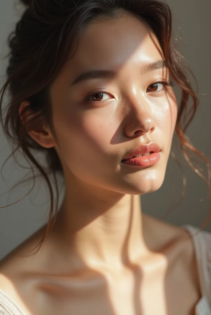 raw photo of beautiful female, looking at camera, centered portrait upper body, Miss Scotland, slim perfect face, natural look, playmate, wavy ginger, wet hair tied in a bun, supermodel, wet skin, freckled skin, blushing cheek, very very small bust, closing eyes, feeling ecstasy, nude skin, in photo studio