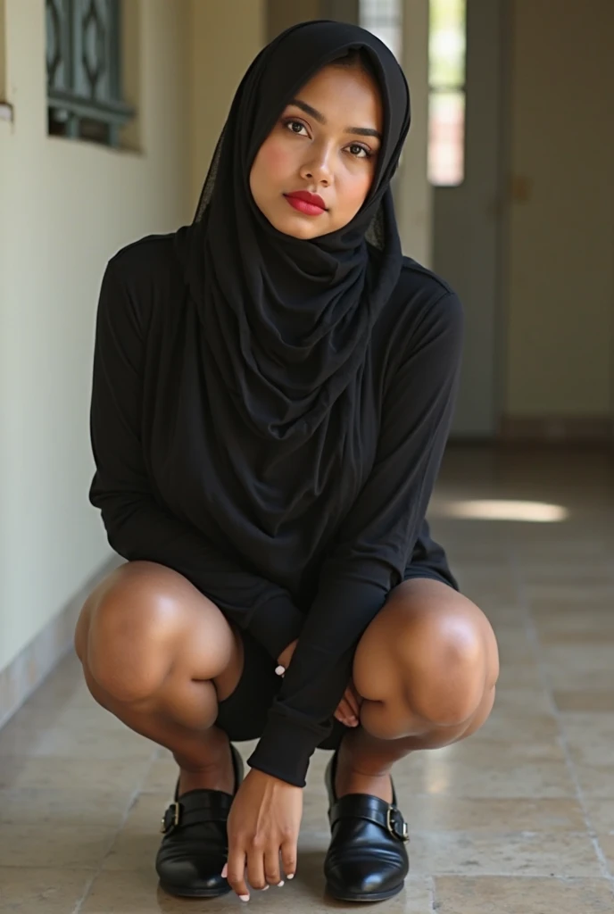 (masterpiece, best quality, hires, high resolution:1.2), mature Malay girl wearing ((Hijab)), black turtleneck sweater, 30 years old, just in her puberty, extremely detailed, highres, realistic, (cinematic lighting, perfect lighting, sunlight), 1girl, solo, naked, looking at viewer, seductive, sexy long stockings, spreading her legs, showing pussy, playful, biting one finger, (window, beachscape), head tilt, very sexy, up skirt, panties down, pantiepull, completely shaved pussy, no body hair.