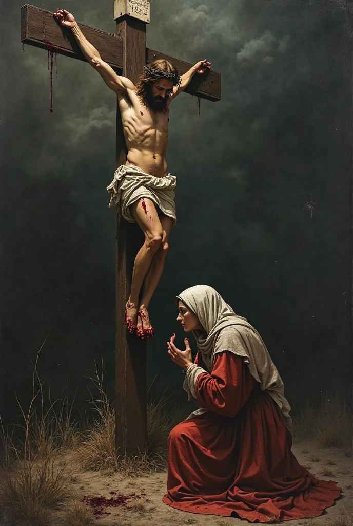 Jesus on the cross and Mary crying