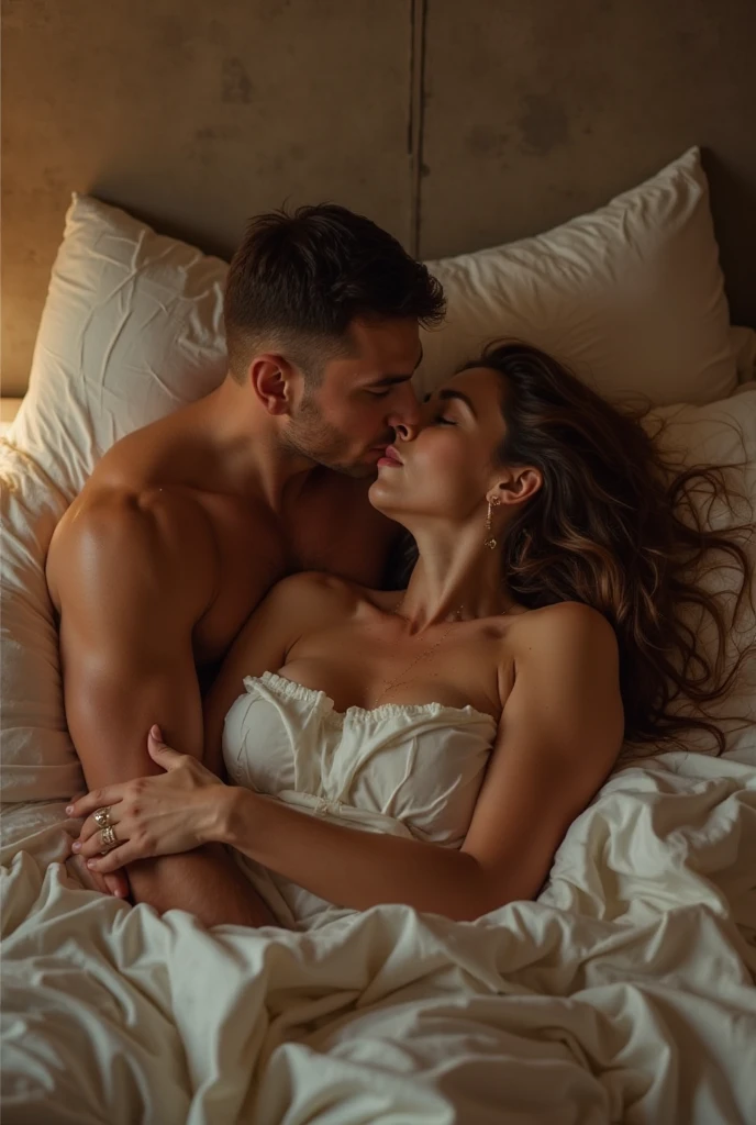 A hyperrealistic photograph of a passionate embrace between a man in a shirt and a woman in a dress. They are entangled on a messy bed, sheets twisted around their bodies. Soft, diffused lighting casts gentle shadows, emphasizing their intimate connection. The woman's eyes are closed in ecstasy, while the man gazes down at her with a possessive intensity. The atmosphere is thick with desire and unspoken promises.