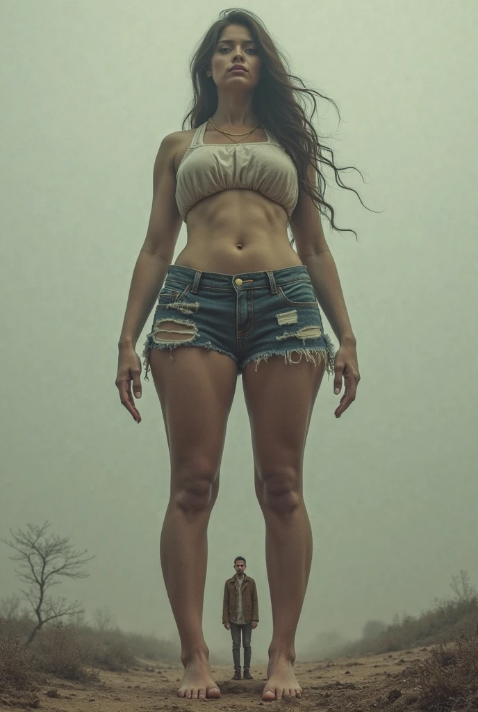 a 20 year old towering 15 meters tall giant woman, standing in front of her house, significantly taller than the door, with her very short and thin girlfriend, lifting and kissing he, muscular and powerful physique, dramatic lighting, photorealistic, highly detailed, cinematic composition, moody atmosphere, warm color palette