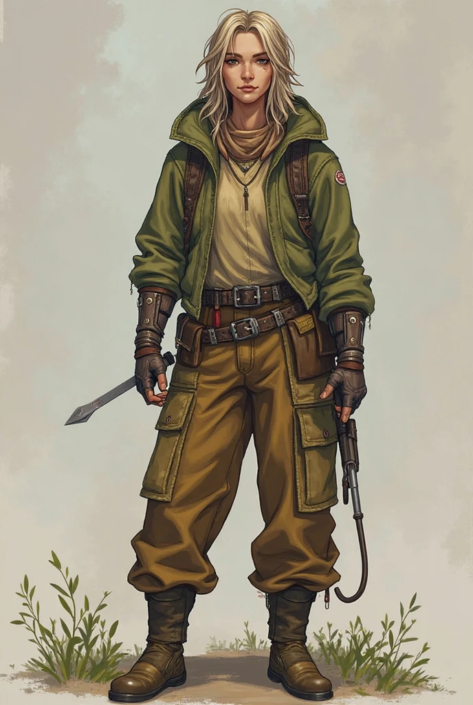 A badass tan Native American young man wielding two tomahawks in a futuristic assassin gear, standing against an intense action-filled background with a touch of blood and showcasing his skills as a futuristic ruthless butcher assassin and scout in ragged apocalyptic gear. He also has a shaved sides of his head and a single long braid. Best quality, (masterpiece), ( methurlant), comic, y2k animation, intricate detail, smooth, lean, accurate five fingers,