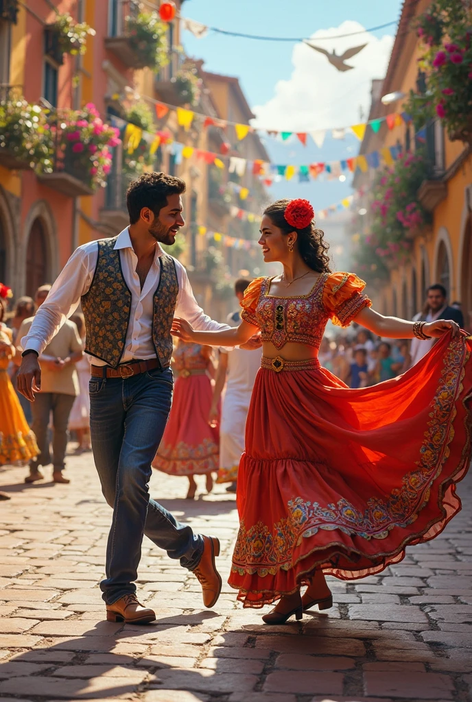 happy mexican couple dressed in typical mexican costumes at a mexican party at night dancing in a street decorated with red, green and white colored papel picado ultra wide angle, depth of field, hyper detailed, red, green white and green scenery details, beautiful vivid color gradation, unreal engine, cinematic, shot with 25mm lens, depth Field, DOF, Tilt Blur, Shutter Speed 1 /1000, F/22, White Balance, 32k, Super-Resolution, Megapixel, Pro Photo RGB, VR, Lonely, Good, Massive, Half back Lighting, Backlight, Natural Lighting, Incandescent, Fiber Optic, Moody Lighting, Cinematic Lighting, Studio Lighting, Soft Lighting, Volumetric, Contemporary, Beautiful Lighting, Accent Lighting, Global Illumination, Screen Space Global Illumination, Ray Traced Global Illumination, Optics, Dispersion, Glowing, Shadows, Rough, Glowing, Ray Tracing Reflections, Lumen Reflections, Screen Space Reflections, Diffraction Gradation, Chromatic Aberration, GB Shift, Scan Lines, Ray Tracing, Ray Tracing Ambient Occlusion, Anti-Aliasing, FXAA, TXAA, RTX, SSAO, Shaders, OpenGL-Shaders, GLSL-Shaders, Post-Processing, Post-Production, Cell Shading, Tone Mapping, CGI, VFX, SFX, incredibly detailed and intricate, hyper-maximalist, elegant , super detailed, dynamic pose, photography, volumetric, ultra detailed, intricate details, 8K, super detailed, ambient occlusion, volumetric lighting, high contrast.