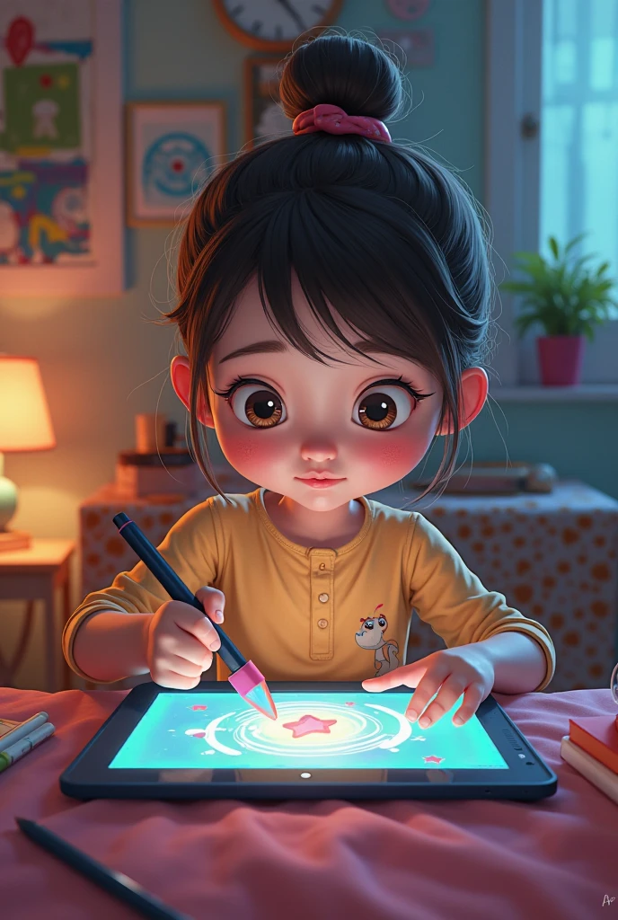 A little girl is sitting and drawing, orange shirt, brown shorts, black hair, smiling, clean background,
