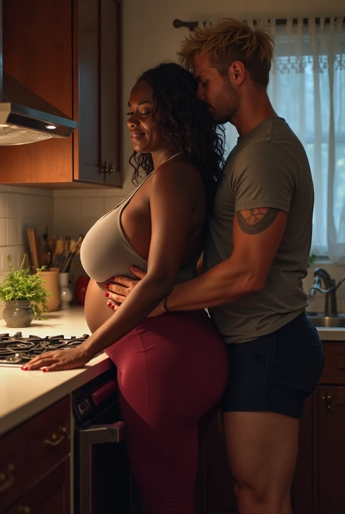 Black man hugging his black pregnant wife, photorealistic image, 8k, ultra HD, cinematic lighting, beautiful detailed images