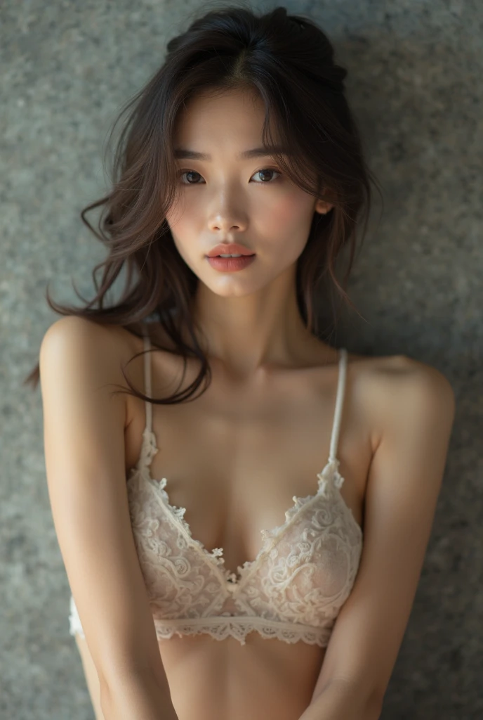 Create a (( mid-shot )) photorealistic image of a beautiful Asian woman with fair, smooth, flawless skin. She has sparkling eyes with naturally long and curled eyelashes, and well-defined, dark eyebrows. Her nose is straight and high, and her naturally pink, soft lips form a gentle smile. She has short, slightly curled brown hair that highlights her delicate facial features. Her face is oval-shaped, with a wide and high forehead, moderately high cheekbones, and a pointed, slender chin. She is wearing a white bra that complements her elegant and feminine appearance. (( waist to top))