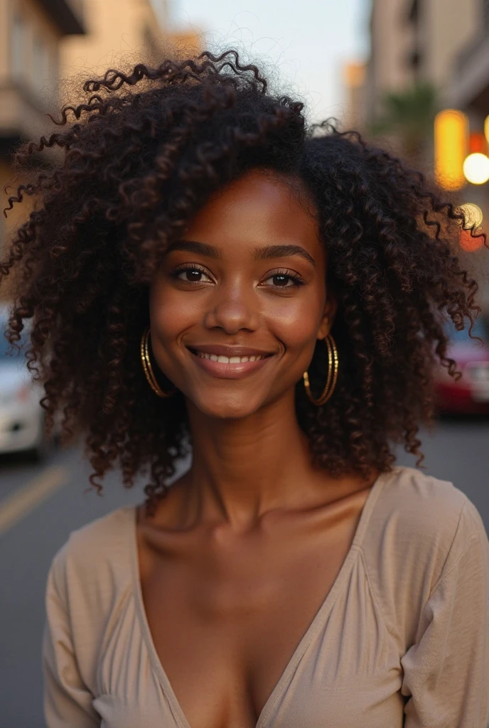 Black girl with curly black hair and brown eyes, , with a small forehead and a slightly long chin, small features, teenager without earrings