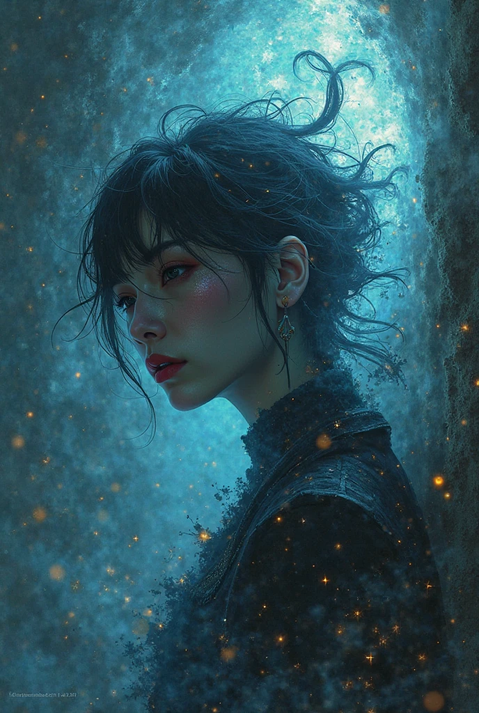 painting of a woman in a blue dress and black jacket, style of tim hildebrandt, ilya kuvshinov landscape, in the style of ross tran, inspired by Yanjun Cheng, inspired by Ross Tran, alena aenami and android jones, artstyle : ilya kuvshinov, style of donato giancola, chris moore. artgerm