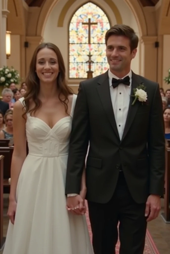 (Muscular:1.5), one male, one female, (female taller than male), bokeh, (two piece wedding dress), fully body view, split dress, abs, church, pews, detailed eyes, (athletic body:1.0), (muscular body:1.4), (looking at viewer) (Bulky:1.3), (smiling:1.4), dark studio, rim lighting, two tone lighting, dimly lit, low key (DETAILED SKIN), (groom), (skinny groom), walking down the aisle, (holding hands)