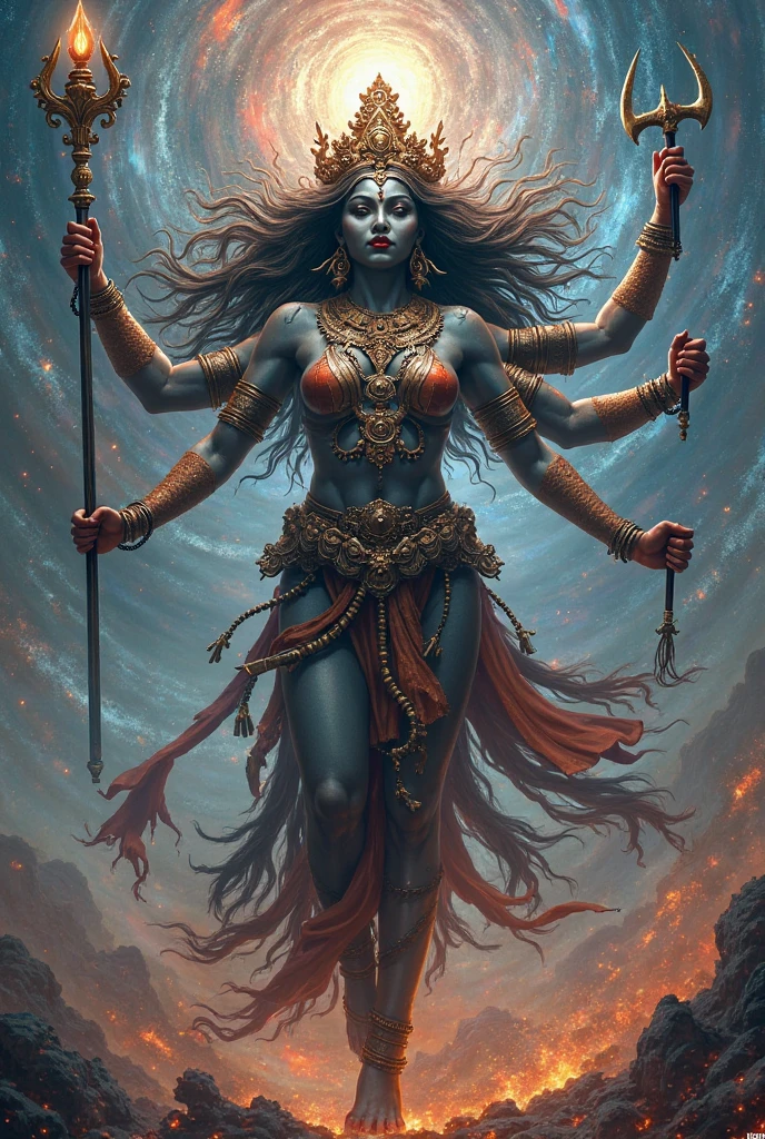 Perfect and detailed goddess kali muscular and dangerous scary, many arms and weapons, biceps fighting with a giant