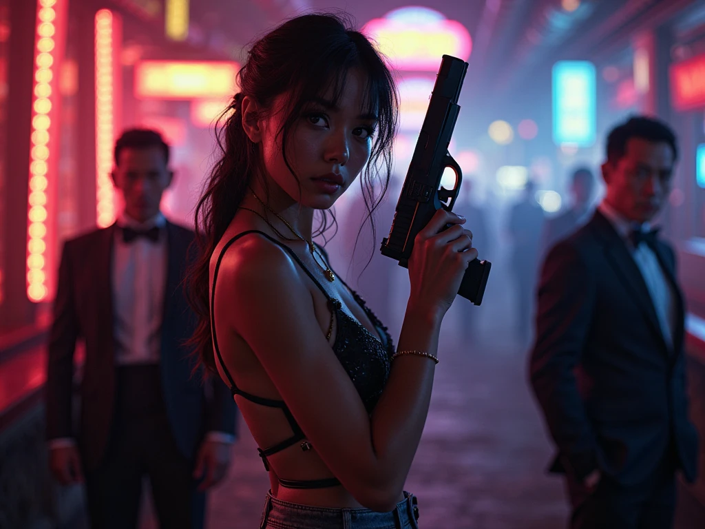 20 years old, black hair, long hair, a scene from a movie or drama, cute kawaii idol Japanese woman, glamour photography, This image is a portrait of a young woman holding a gun in her right hand. She is standing in front of a window with a night city skyline view. The woman is wearing white jeans and a deep neckline T-shirt with a front zipper. She styles it in loose waves and is looking straight into the camera with a serious expression. The gun is pointed at the camera and appears to be a hand gun. The background is blurred but appears to be an urban setting with buildings and lights visible. The overall atmosphere of the image is intense and dramatic. Her neckline is open and her bra is visible. She is wet.