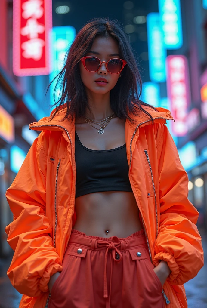(masterpiece:1.2), Super detailed, ultra high resolution, (realistic, photo realistic:1.37), High-definition RAW color photo, professional photos, highly detailed face, very fine eyes, Very fine skin, very thin fingers, highly detailed nose, highly detailed mouth, perfect anatomy, highly detailed background, (famous japanese actress:1.2), (Improve:1.35), (flat chest), (brown person々, black skin, blonde hair:1.3), (Very short cut hair, curl the inside of the hair), Edgy Girl, dark orange jacket, tech wear, camera, Backpack, white sneakers, dramatic makeup, splicing, sitting outside a convenience store, looking at the street, outdoors, ((at night, dark city)), neon sign, personality, credibility, creative expression, Hong Kong in the 80s,realism, big retro sunglasses,