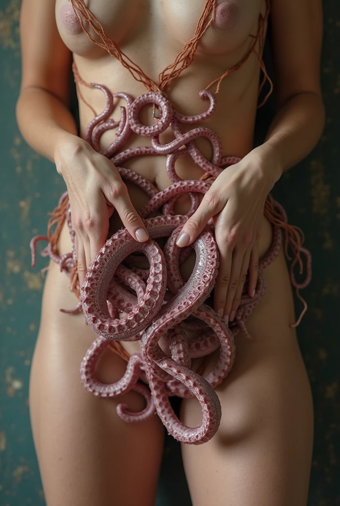 Woman, One, Thick, Medium breasts, Thick thighs, Rounded breasts, Ahegao face, tentacle on vagina, tiedup tentacle bondage, porn naked, Being in the womb, sweaty, creamy, wet