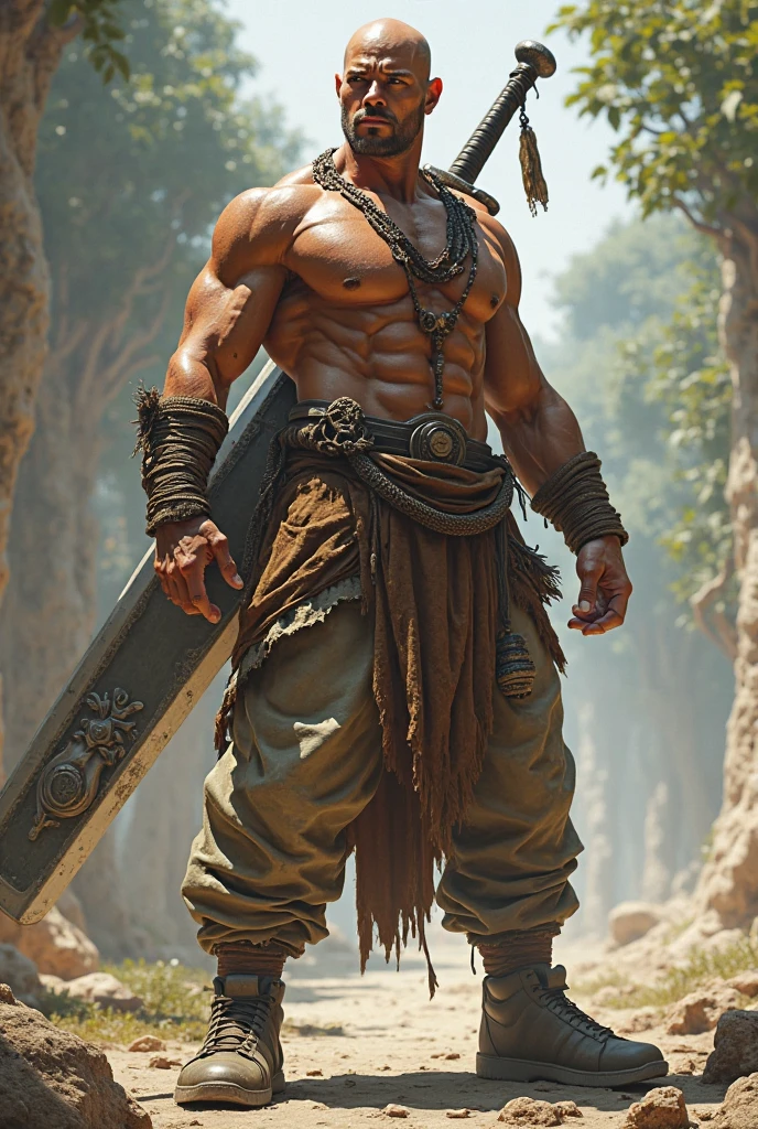 10 year old werewolf boy，Topless，Red skin，barefoot，covered in wounds，Muscle fullness，Standing，Tears，Wolf ears，Smooth skin，Standing on the dirt，Strong thighs，Well-developed chest muscles