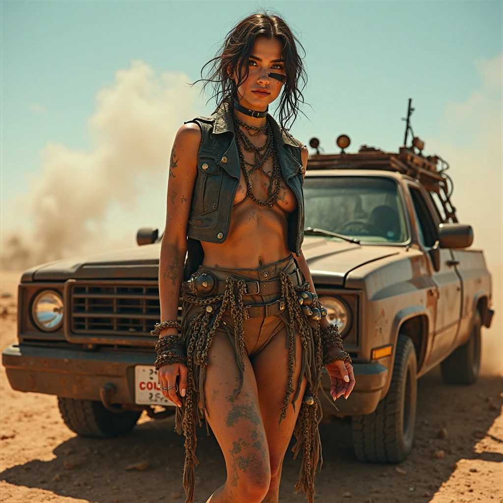 A 19-year-old woman with dark, rich skin stands confidently in a barren, apocalyptic wasteland. Her short, curly hair reaches just to her shoulders, the tight curls bouncing lightly as she moves. The hair captures the light of the sun, casting subtle highlights that contrast with the deep tones of her complexion. She’s dressed in a striking red minidress that clings to her form, the vibrant color a bold contrast against the desolate, dusty landscape around her. The dress, designed for a night out, seems almost surreal in this setting—its smooth fabric catching the sunlight and reflecting it in a way that almost glows against the backdrop of rusted metal and decaying structures.

The scene is set in broad daylight, the sun high in the sky, providing strong, natural lighting that enhances the details of the surroundings. The apocalyptic environment is stark and unforgiving, with the ground dry and cracked underfoot, stretching out into a seemingly endless desert. Scattered around are the rusted hulks of old vehicles, their metal frames twisted and corroded by time and the harsh elements. These remnants of a past civilization dot the landscape, some half-buried in the sand, others standing like skeletal remains against the clear blue sky.

Despite the desolation, the woman’s presence brings a vibrant energy to the scene. The dress, with its bold hue and tight fit, highlights her youth and vitality, a stark contrast to the lifeless surroundings. Her stance is one of resilience and confidence, as if she’s ready to take on whatever challenges this post-apocalyptic world throws her way. The lighting, bright and unforgiving, casts sharp shadows that add depth to the scene, emphasizing the harshness of the environment and the contrast between the woman’s vibrant attire and the muted tones of the wasteland.

The overall composition captures a moment of striking juxtaposition—a young woman, dressed for a night of fun, standing alone in a world that has long since crumbled. The