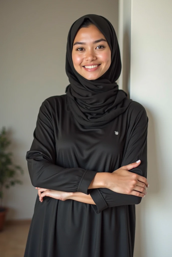 A beautiful Asian girl in a long hijab with tight and clearly visible breasts, In tight black clothes, He was hugging himself sideways, and good quality images