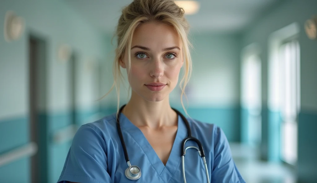 Photographie reel d’une blonde, en tenue d’infirmiere entre-ouverte ou on voit son nombril dans un hopital