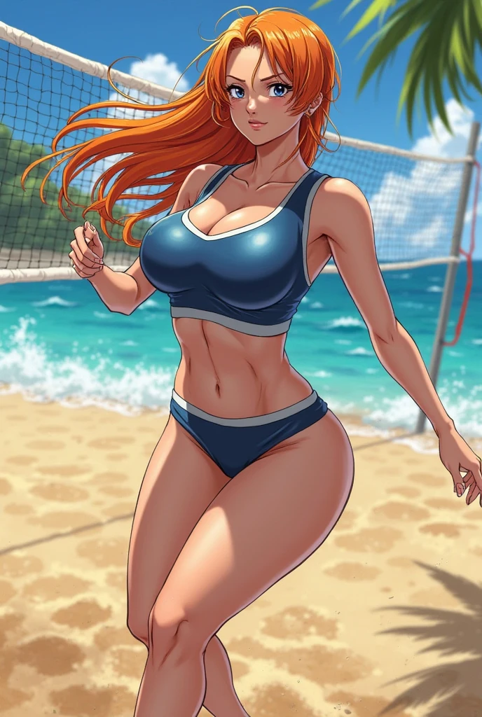 Cute sexy nervous woman with thick long messy curly orange hair with sun glasses and glasses with tattoo blushing with bright earrings with thick thighs and big chest in a black bikini with butt out playing volleyball happy