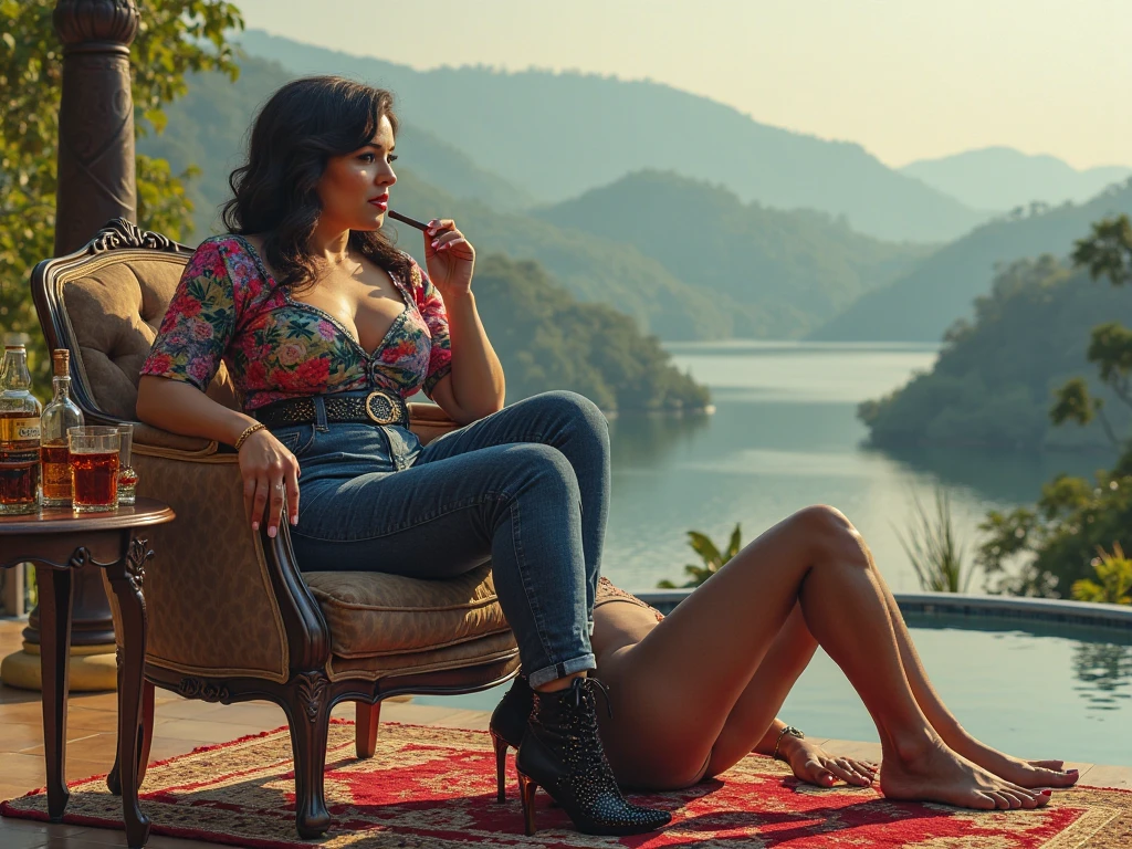 ((joyful ((chubby ((Iraqi)) girl)) with very long hair lying in recliner poolside while peacefully praying at sunrise, (wearing detailed sheer emerald-green swimsuit), (wearing antique lace necklace), (cannabis flower tattoos on arms and legs), high quality photo, quiet poolside incense burning (with many potted plants surrounding pool during foggy sunrise) and many birds in the sky