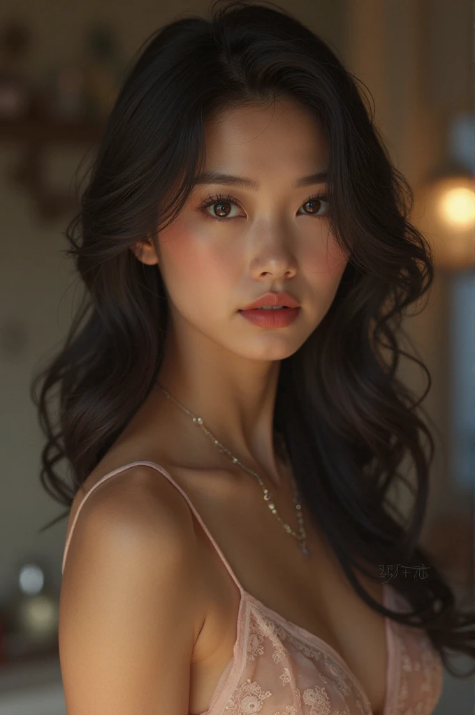 Detailed and realistic portrait of a confident and attractive female model, ultra realistic, glossy lips, smoky eyes makeup, loose hair, couture outfit, 4k, ultra detailed, lifelike, glamorous, vibrant colors, dramatic lighting