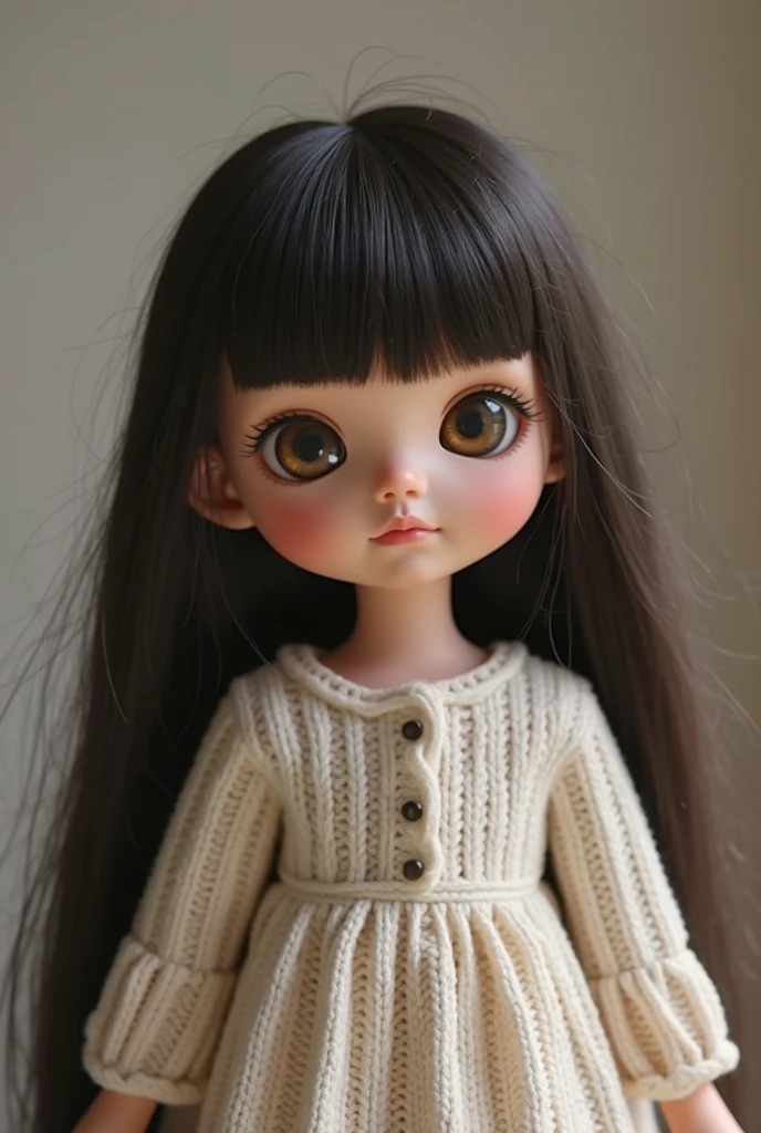 Blythe doll, chubby girl, round face, brunette, Mole under the right eye, dark brown eyes and a LITTLE slanted, NOT FRINGE, black hair, thick lips,