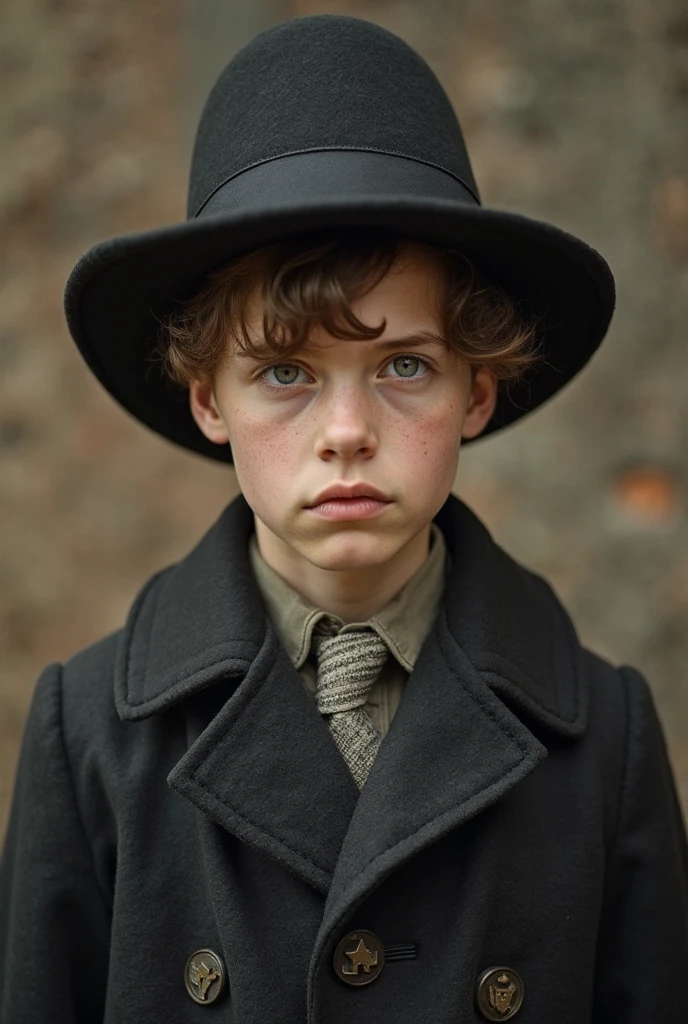A thin lowborn boy from the victorian age. He looks nervous and is average looking. He has short black hair that’s kept in a sidepart, but his hair is also slightly curly. He is thin and his skin is pale. He is dressed in a winter suit.