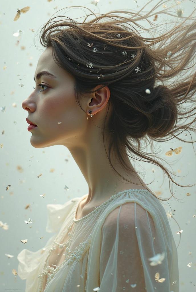 score_9, score_8_up, score_7_up, Girl's profile picture, brown hair with bangs, light blue petals on cheeks, realistic skin texture, detailed picture, close-up, HD32k