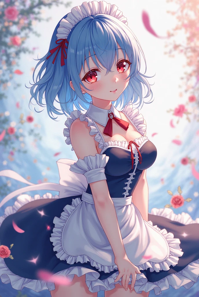 Beautiful anime bunny with blue hair and blue eyes surrounded by rose petals sexi red dress