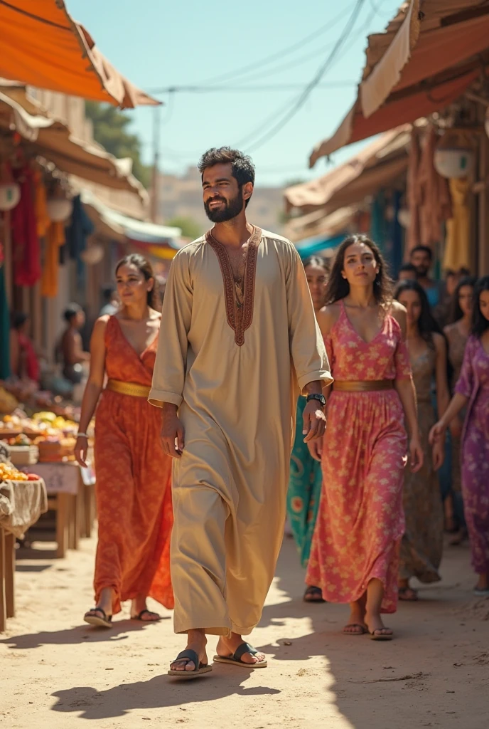 A few Egyptian women with Pakistani dress with scarf on head are looking at a handsome man young with Egyptian dress with surprised eyes because she is very impressed by his beauty .This handsome young man has his eyes down