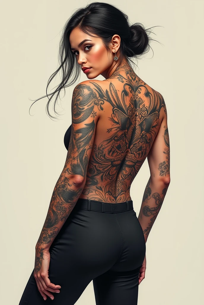 Back of woman with tattoos of card games all over her body, "CARD GAME" written in large letters at bottom of screen, standing with hands on hips and legs open, gambler woman showing tattoo of buttocks from back, good at cards, turns around,