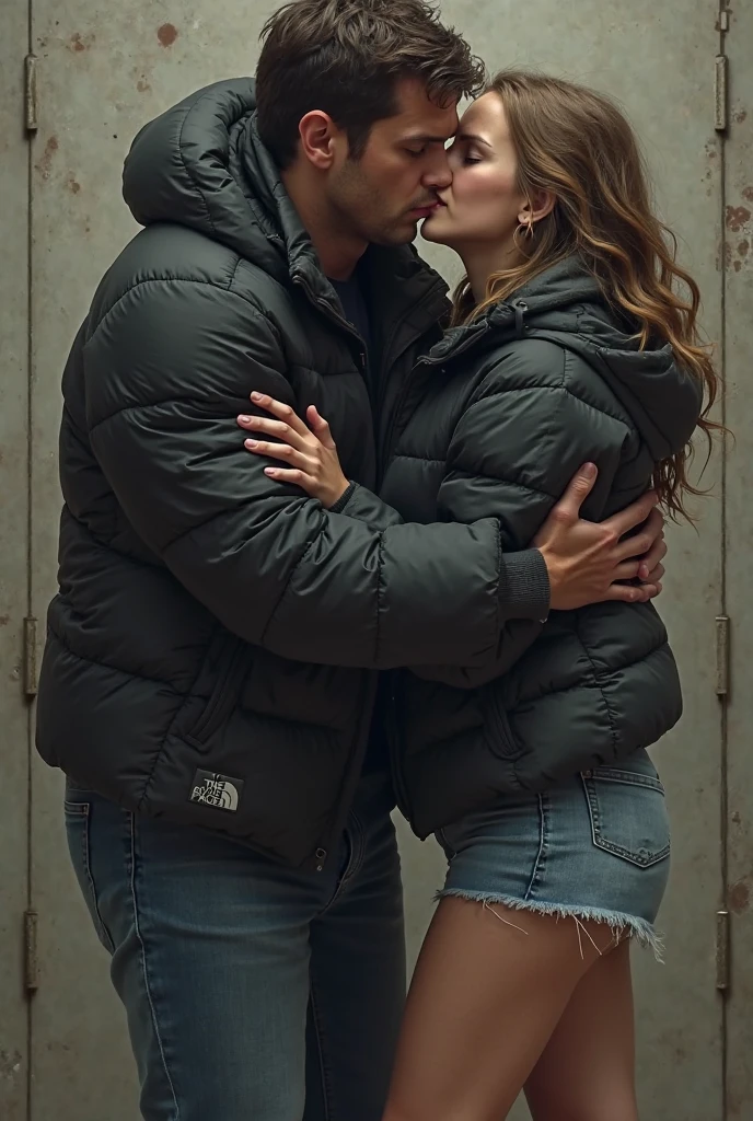 a girl in a black laquered downcoat, a spanish woman in a shiny puffer coat, a woman wearing a high shiny black downcoat, a love couple, they embrace each other, a woman in a laquered quited downcoat hugging an athletic man, their arms around each other, taken in the early 2020s, he is about 25 years old, she is a hot blooded spanish girl, woman holding her athletic boyfriend, her arm is around him, she embraces him, they are deeply aroused, man's but muscular bare body