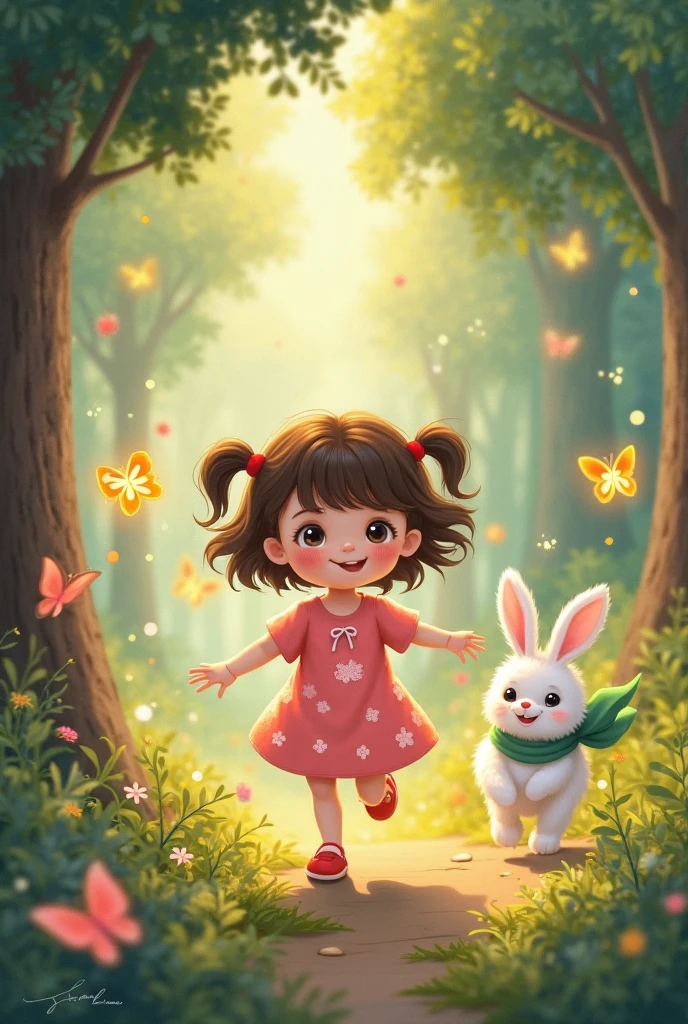 A little girl in a floral dress dances happily with a group of animals --auto --s2