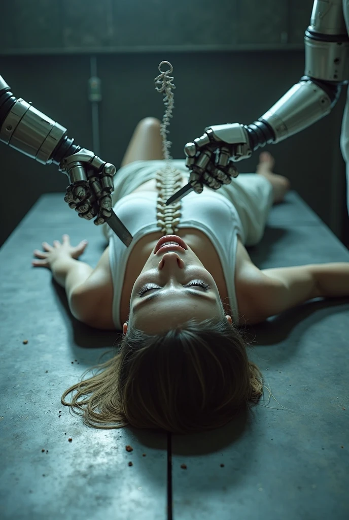 Female T-888 (Elizabeth Olsen) with skin like human covered around endoskeleton full the body. It is lying on the table. It’s shutting down
Cameron Philips (T-900) uses a knife and cuts T-888’s skin on the chest