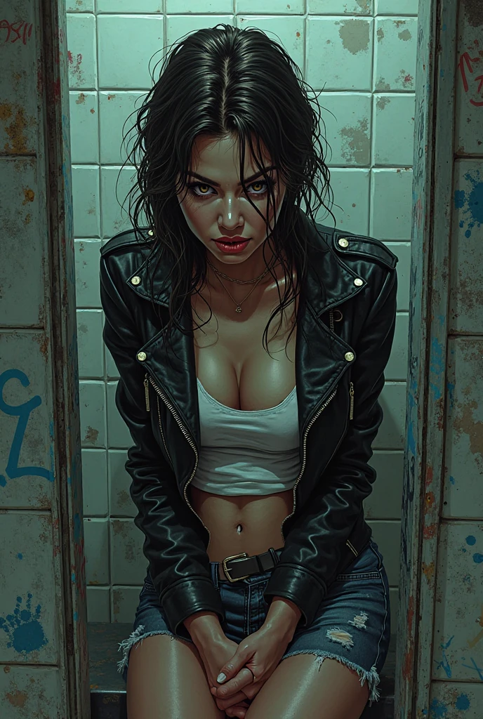 Pigtails, from below, a sexy woman wearing a pair of shorts and a tight white t-shirt, 1 girl, solo, navel, shorts, jacket, cleavage, long hair, sports bra, looking at viewer, black hair, simple background, eroticism, sexy, black and white image, between shadows, oil painting, chiaroscuro, sensual, dramatic lighting, moody atmosphere, photorealistic, intricate details, masterpiece, ultra detailed, high quality, 8k, best quality, realistic, cinematic, dark and melancholic, expressionistic, powerful composition, emotional impact, art inspired by Bill Sienkiewicz and Dave McKean
