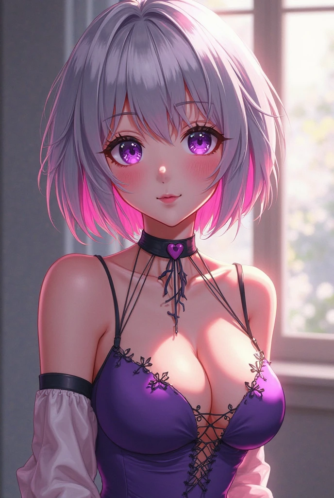 White hair. Short hair. Inner pink hair. Anime girl. Asian girl. Ulzzang. Pink eyes. Glowing eyes. Smiling. Tanktop. Cleavage.