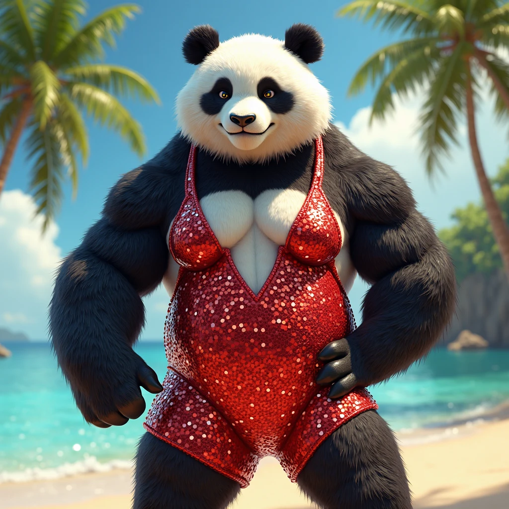 Panda in swim trunks slipping on a rainbow 