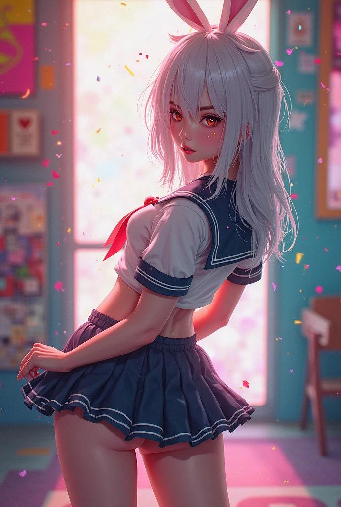 （girl standing in forest park)、1 girl,(Rear view) silver hair, striped hair, bangs, 鈍いbangs, long hair, pink hair, aqua eye, long eyelashes, purple eyes, compensate, smile, parted lips, realism, verism, surrealism, written boundary depth, one person&#39;point of view, f/1.8, 135mm, canon, nffsw, retina, table top, Accurate, anatomically correct, rough skin, Super detailed, advanced details, high quality, 最high quality, High resolution, 1080P, hard disk, 4K, 8K,（whole body angle））((sexy pose))、(camel toe）、sexual excitement、sexual expression、shiny skin。realistic, joy, Portrait of a beautiful girl, (From above:1.3), (最high quality:1.2), Super detailed, advanced details, Mask work shining with beautiful blue eyes、gray hair、silver hair、((beautiful breasts :1.1)), (exposed chest）0p、(girls school uniform)（Wet white blazer、chest emblem）,(translucent white blouse),(Loose red bow tie),(wet navy blue flare、Skirt soars)、mix４, (best shadow: 1.1), shiny skin。realistic、photographrealsitic:1.37)、(K-POP idol)、(wet and disheveled hair)、medium hair、(pink blush)、(one personで)、（sexy pose）、((??????))、(puffy eyes:1.２)、 (slim legs)、??????、nffsw、very detailed ambient occlusion、超High resolution, 超realistic, very detailed, (yawning),  ((she is wet)).photograph,(wet lace underwear)