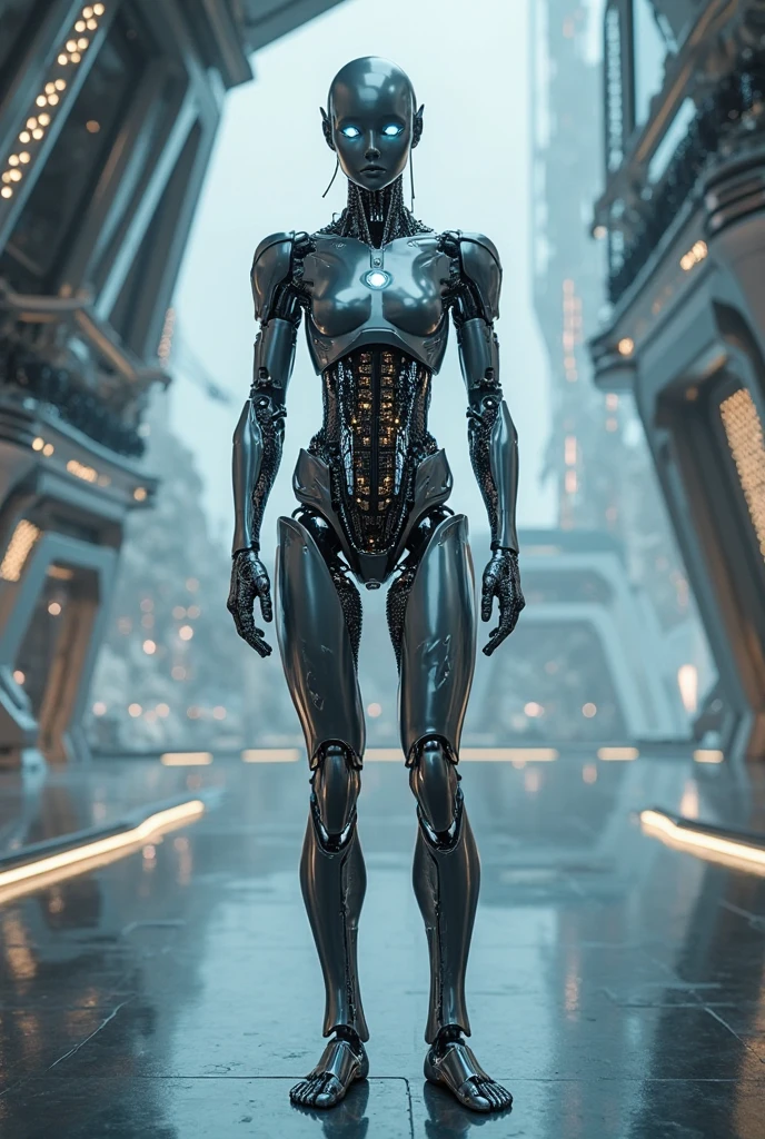 Three meters tall female sex doll. ((Head reaches The ceiling)) Massive , Wearing tight jeans and a tight shirt. Robot. Big muscles, muscular, thicc thighs and hourglass figure.
