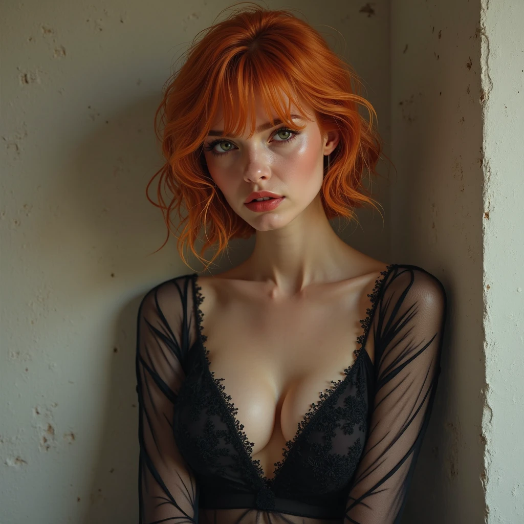 20 year old girl with copper hair, White skin, green eyes, full frame at the hotel, in a long black coat, tight fiery red underwear, beautiful detailed eyes, beautiful detailed lips, extremely detailed eyes and face, long eyelashes, high quality, 8 thousand., hyperrealistic, photorealistic, physically based rendering, bright colors, studio lighting, complex parts