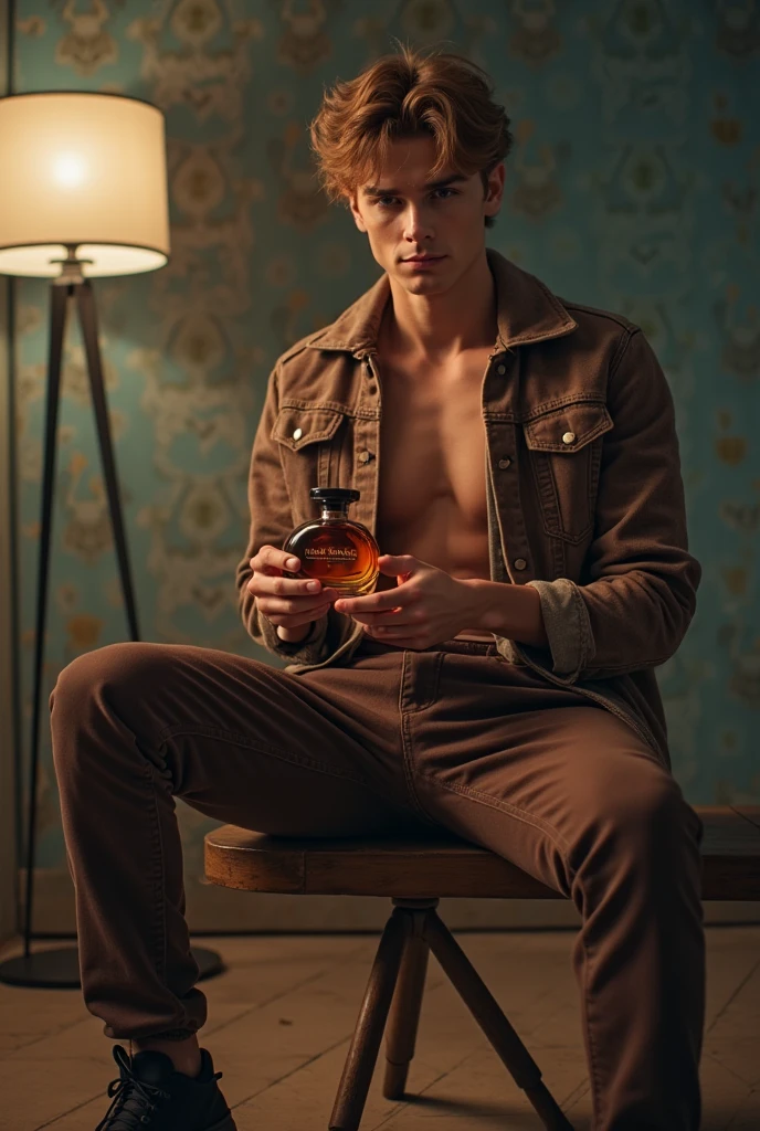 Lucifer young lean body laying down on couch in room relaxing a bit sad with a glass of whiskey in hand and with a whole bar in room and table with a whiskey glass and snacks.Guitar beside me on couch