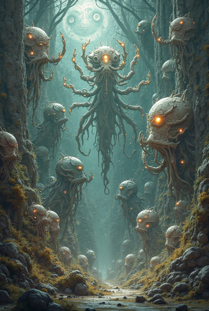 Art by HR Giger and Beksinski come together in this detailed, grim, and dark terror scene. The sharp image, rendered in 8K resolution with a rim light, showcases a horrific environment filled with Lovecraftian tentacles writhing and pulsating in neon hues. The HDR lighting creates intricate and detailed shadows against the background of twisted, mutated human forms. As the glitch and distortion effects warp the very fabric of the environment, surreal and dreamlike elements such as floating upside-down structures and decaying flesh close-ups create an unsettling and disorienting feel. The religious and occult symbols scattered throughout the intricate background add a sense of supernatural horror to this already insane and gruesome masterpiece.