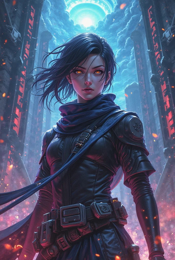 detailed eyes; black short hair; tall; light skin; female; young; from the future; posing with 2 swords; flying; wearing tang top
