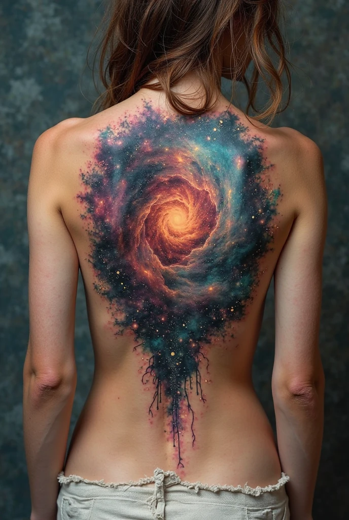tatouage dans le dos, very finely executed tribal spiral galaxy tattoo fractal mathematics, fine and very precise tattoo, (flocon de Koch, ensemble de Mandelbrot, ensemble de Julia), ((fond uni, hyperRéaliste, masterpiece, romantique, fractal uniquement dans le dos, lightly outlined spine, dessin d'une galaxie spirale au centre du tatouage))