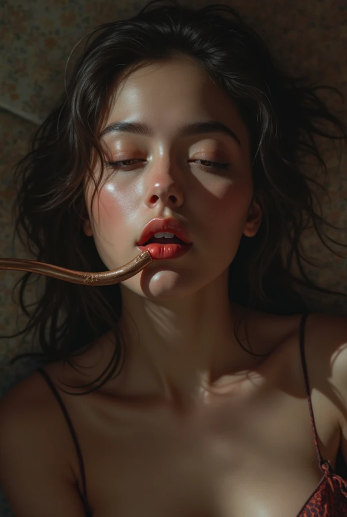 "1girl, she sucking a slug slithering into her open mouth, beautiful, eye roll, revealing clothes, striking allure with messy hair, intense gaze, and a captivating expression, she is depicting a stylish struggle with the slug in her mouth while showcasing elegance, bedroom"