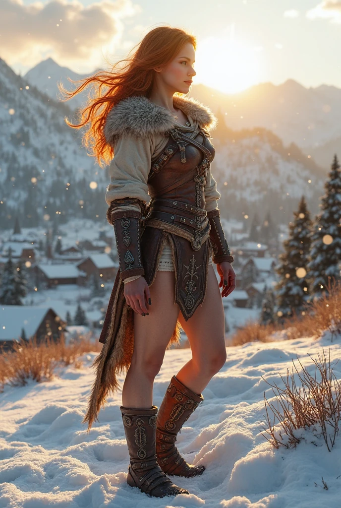 ((Full body photo, standing, feet on the ground)) 2 Woman, Movie Light, full body, A beautiful super hot European woman, Elena Alfa, 23 years old, blonde hair. She's a playmate, men's magazine model. She has a subtle smile and flirts with the camera, slender body. In a snowy landscape, starry winter night, northern lights. She wears tight gray engineer overalls. Sexy pose.
