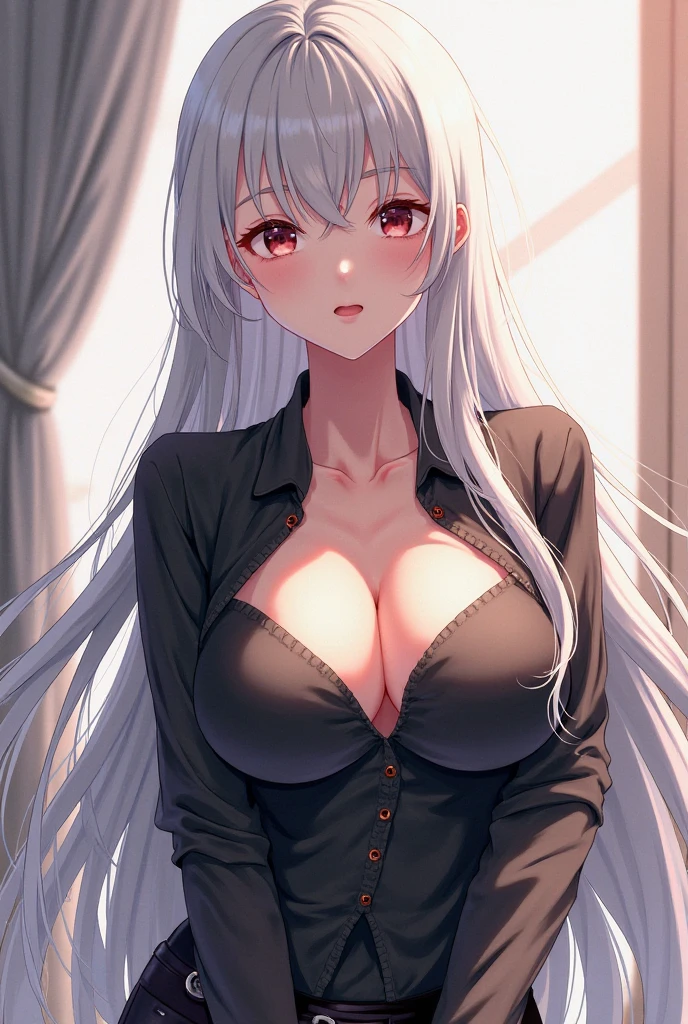 sovetsky_Soyuz, grey hair, long hair, White shirt, earrings, black mini skirt, sun shades, black ivy cap, choker, unbuttoned, long sleeves, leggings, Cleavage, large breasts, first rate breasts, busty, grey eyes, sharp eyes, Long eyelashes, symmetrical eyes, eye shadow, ominous vibe, expressionless, stoic, relaxing, Ultra quality, UHD, high detail, anime aesthetic, Anime screenshot, Ultra quality, UHD, high detail. Vacation, outdoors, crowded, sitting, bench, arms behind head