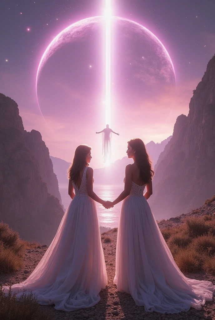 An 35 mm full frame camera,(Wide-angle lens,panoramic) field view a.r. 21:9.(Distinguished Quality),(Mirror-like,Cinematic,Experience),(insanely detailed,absurdres)(3 females, stunning,beautiful age 16-18, from another dimension,human:2.0-like beings, Gorgeous face,(Super long,thick,soft,fine detailed,brown, black hair, dark golden highlights)Floating weightlessly, with nothing underneath but clouds, they are (standing under a white, cushy, cotton soft, cloud) that rains orange,pink cell-size diamond drops, while peach colored, lightnings strike above them in the cloud),random poses from abundance of ideas from bot:3.0, little,Pixie-magic glitters,orange light particles, red, pink in long hairlocks: 2.0),(Super long:3.5, thick:2.0,soft,fine detailed,brown, black hair, dark golden highlights).UltraLong, locks flowing in the breeze)brown, deep-bluetoned skin:2.0),(Focus on full body shot), sharp detailed focus, (realistic hand),"(unreal,glass,transparent,seethrough,ethereal transparent skin:2.0)(Sparkling metallic multicolored particles, brown deep-bluetoned skin:2.0),”(micro-diamond cut textured skin on body, dark-red, yellow, pastel-green,baby-pink,diamonds, becomes, little by little, size of a grain of sand on collarbones, gradually spreads out up neck)stops around cheekbones, chin, and middle of forhead, faint glowed, smallest diamonds become fewer and more disperse. ",(Detailed hands),(yellow:2.1,red:0.9, glitter particles:2.0,particles surrounds sisters:2.0)BREAK,”(they, radiate their own unreal beautiful faint glow,(Microcell sized, toned down light particles),switch on, inside their alien body and faint glow,dark red light:1.9,Yellow light:2.1." body expression sexy, sensual,direct gaze at the camera. (perfect long legs),realistic feet,(surrounded by countless brigh but distant stars in deep, dark blue space, glimpse from:”(2 moons ),(1 planet),1,dark red venus),(2,muted turquoise mars),(3,faint pink planet, with big pink pretty rings around it).