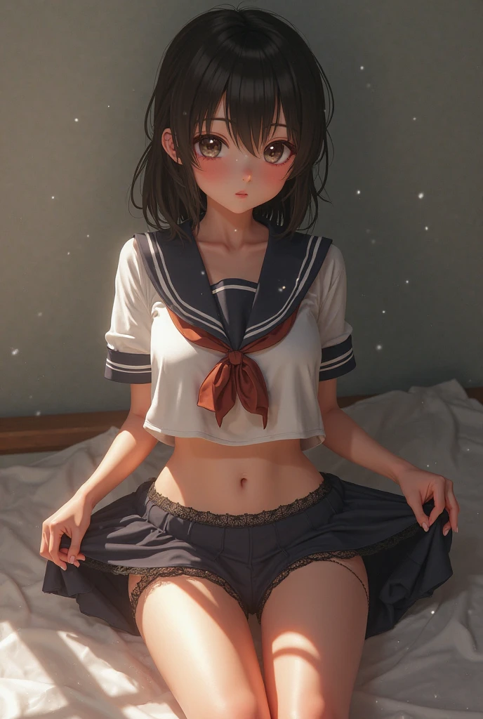 (1 person、alone), Beautiful woman, (Anatomically perfect body, thin、(Pretty Girl JC、Sailor suit:1.2)、 (Baby Face:1.2)、、(Highest quality)、Black Hair, (Half Up:1.2), classroom、(8k, High resolution)、(shy:1.4)、Small breasts, (thin脚、Small Ass)、(vapor:1.1), (Embarrassing:1.3), Black socks、Brown Loafers、High resolutionの顔、Wide Shot、(Pussy juice on panties:1.2), (Extremely detailed white panty), (Cameltoe in panties:1.4), (Lying on the floor:1.3)、(Holding my knees、Put your knees on your chest:1.1), Open your legs, Watery eye
